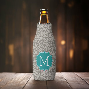 Trendy Leopard Druckmuster mit Aqua Monogram Flaschenkühler