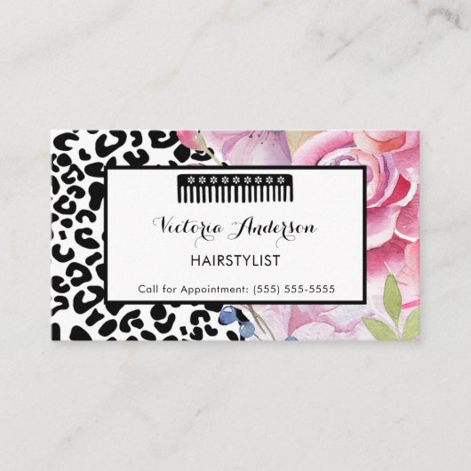 Trendy Leopard Print Floral Fairstylist mit Comb Visitenkarte (Vorderseite)