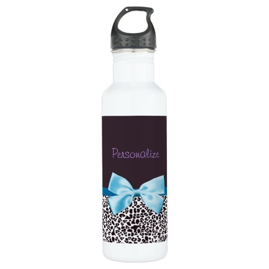 Trendy Leopard Print und Blue Ribbon mit Namen Trinkflasche (Vorderseite)