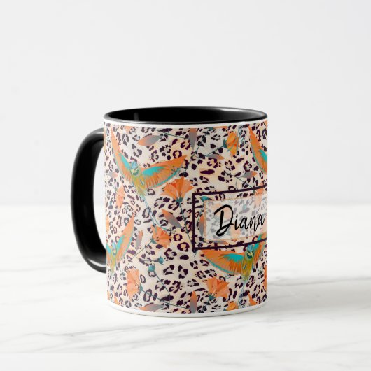 Trendy leopard print, vögel paradiesisch, orange M Tasse (Vorderseite Links)