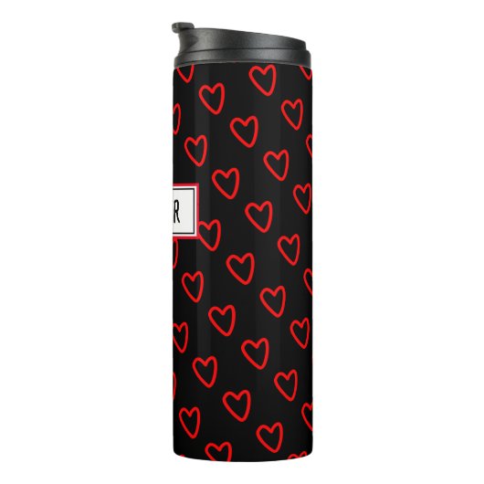 Trendy Liebe rot und schwarz und Name Herz Muster Thermosbecher (Nach rechts gedreht)