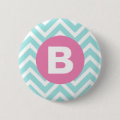 Trendy Light Blue Chevron Pink Monogram Button (Vorderseite)