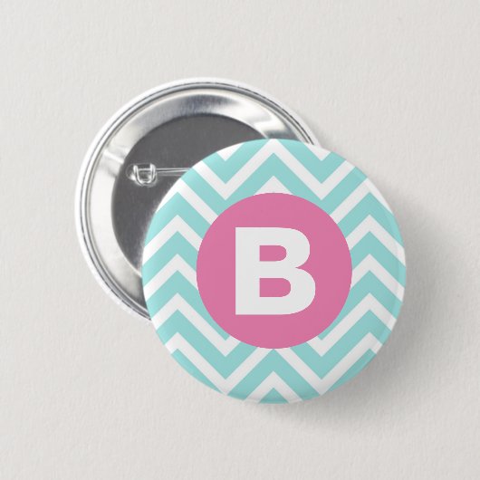 Trendy Light Blue Chevron Pink Monogram Button (Vorne & Hinten)