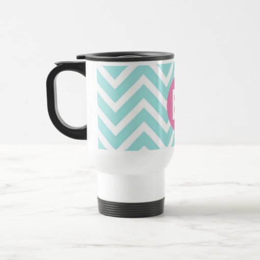 Trendy Light Blue Chevron Pink Monogram Reisebecher (Links)