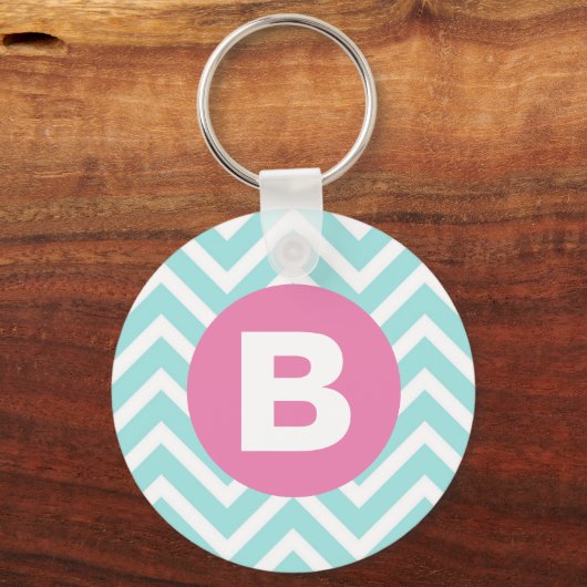 Trendy Light Blue Chevron Pink Monogram Schlüsselanhänger (Vorderseite)