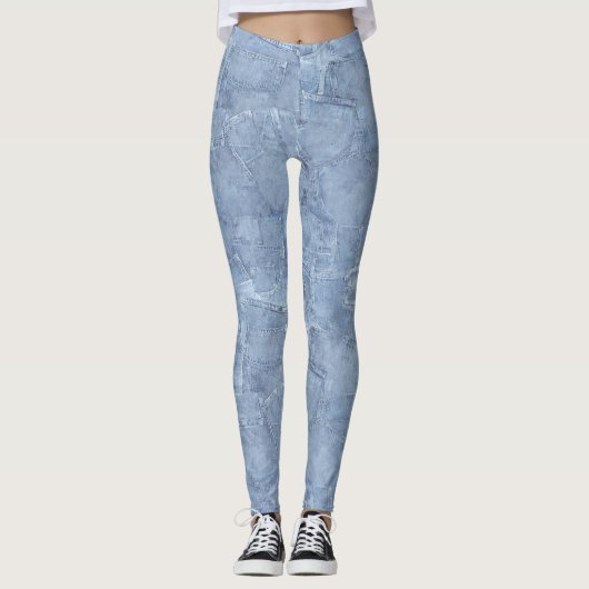 Trendy Light Blue Jean Imitats Effect Pattern Leggings (Vorderseite)