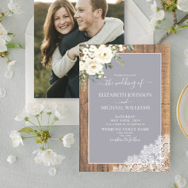 Trendy Light Gray Rustic Wood Script Foto Wedding Einladung