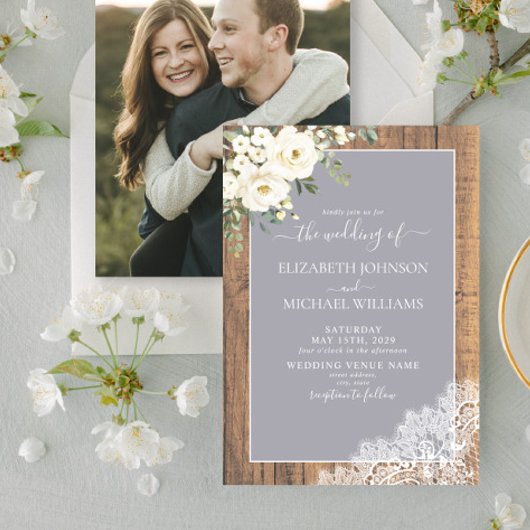 Trendy Light Gray Rustic Wood Script Foto Wedding Einladung