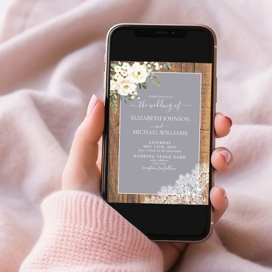 Trendy Light Gray Rustic Wood Script Foto Wedding Einladung