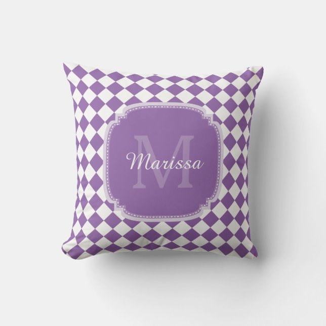 Trendy Light Lila Checked Mit Monogramm Name Kissen (Vorderseite)