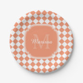 Trendy Light Orange Checkter Mit Monogramm Name Pappteller (Vorderseite)