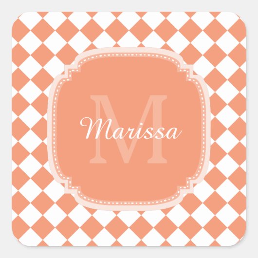 Trendy Light Orange Checkter Mit Monogramm Name Quadratischer Aufkleber (Vorderseite)