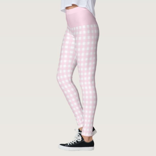 Trendy Light Pink und White Karo Gingham Pattern Leggings (Links)