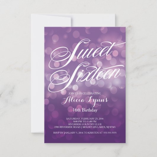 Trendy lila Bokeh beleuchtet 16. Geburtstag-Party Einladung (Vorderseite)