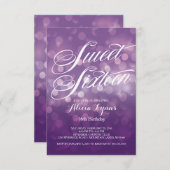 Trendy lila Bokeh beleuchtet 16. Geburtstag-Party Einladung (Vorne/Hinten)