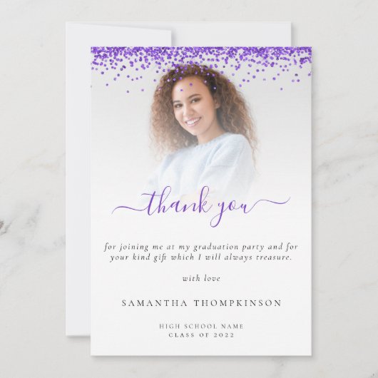 Trendy Lila Glitzer Foto Abschluss Danke (Vorderseite)