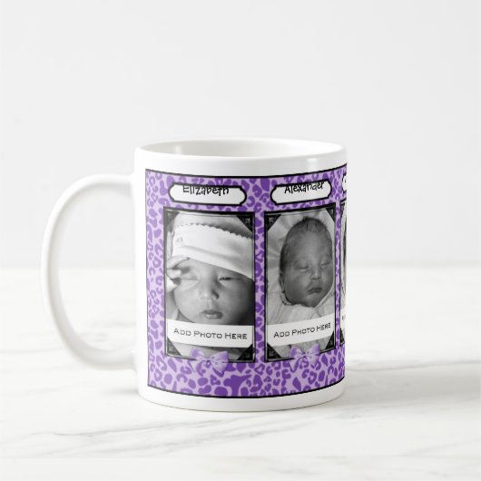 Trendy lila Leopard-Baby-Foto und Name Kaffeetasse (Links)