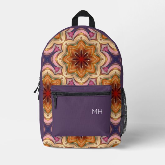 Trendy Lila Mandala Pattern Monogram Initials Bedruckter Rucksack (Vorderseite)