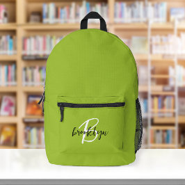 Trendy Lime Green Schwarz-weiß Script Monogram Bedruckter Rucksack