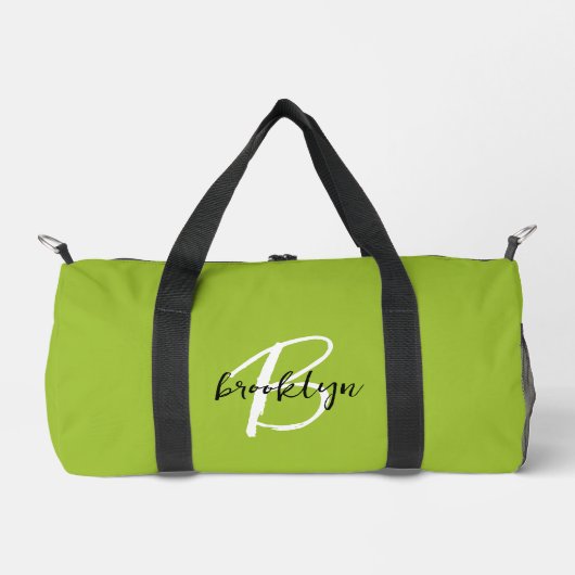 Trendy Lime Green Schwarz-weiß Script Monogram Duffle Bag (Vorderseite)