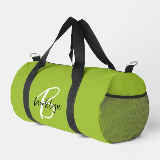 Trendy Lime Green Schwarz-weiß Script Monogram Duffle Bag (Rechte Ecke)