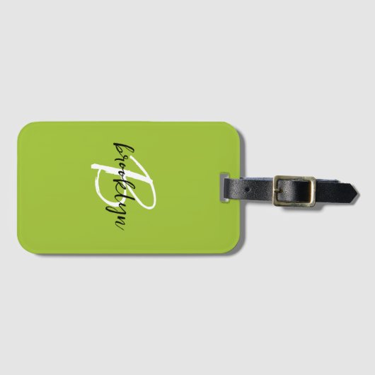 Trendy Lime Green Schwarz-weiß Script Monogram Gepäckanhänger (Vorderseite (Horizontal))