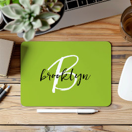 Trendy Lime Green Schwarz-weiß Script Monogram Mousepad