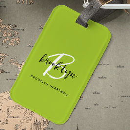 Trendy Lime Green Schwarz-weiß Script Monogram Nam Gepäckanhänger