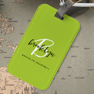 Trendy Lime Green Schwarz-weiß Script Monogram Nam Gepäckanhänger
