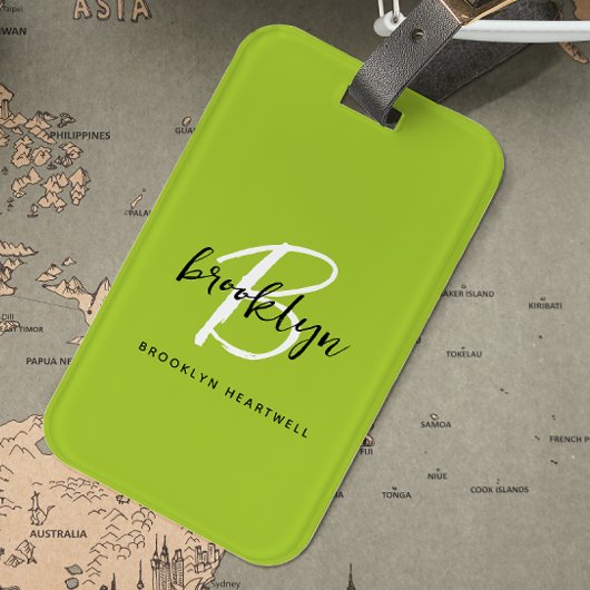 Trendy Lime Green Schwarz-weiß Script Monogram Nam Gepäckanhänger