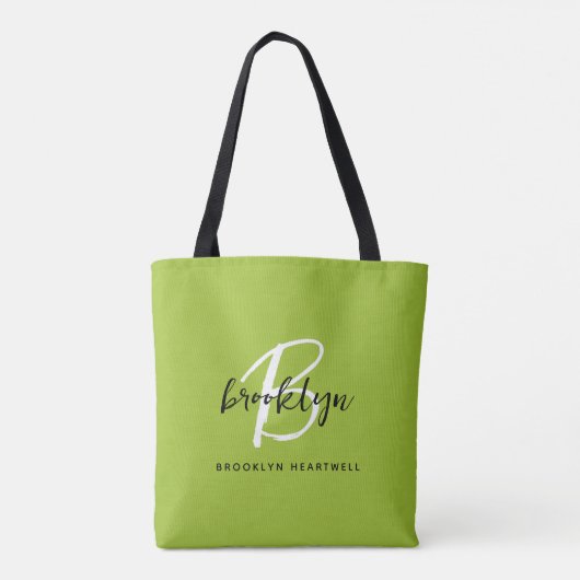 Trendy Lime Green Schwarz-weiß Script Monogram Nam Tasche (Rückseite)
