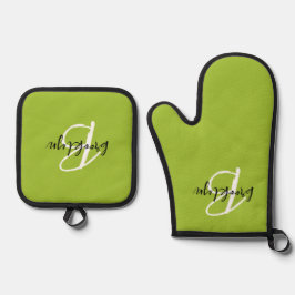 Trendy Lime Green Schwarz-weiß Script Monogram Ofenhandschuh & Topflappen-Set