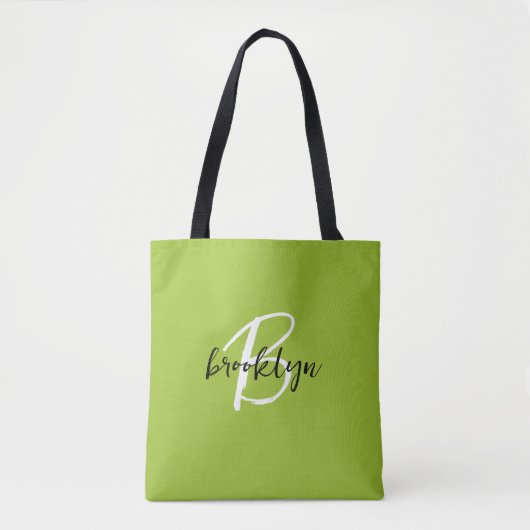 Trendy Lime Green Schwarz-weiß Script Monogram Tasche (Vorderseite)