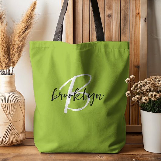 Trendy Lime Green Schwarz-weiß Script Monogram Tasche