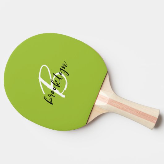 Trendy Lime Green Schwarz-weiß Script Monogram Tischtennis Schläger (Seitenansicht)