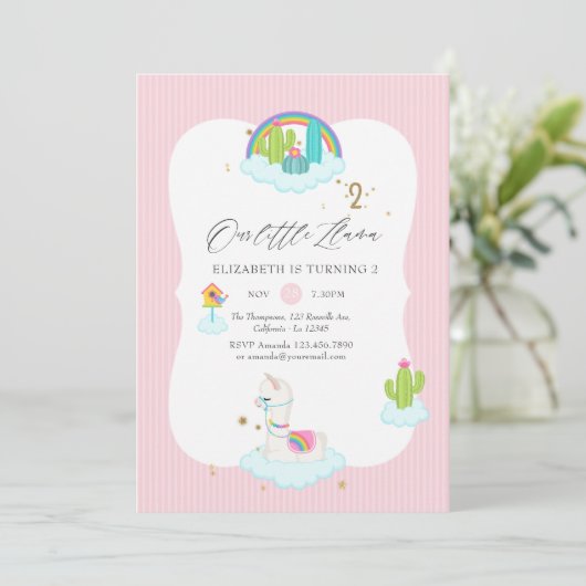 Trendy Llama 2. Geburtstag Party Einladung (Stehend Vorderseite)