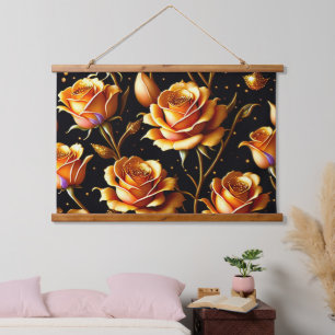 Trendy Luxury Big Gold Rose Collection Wandteppich Mit Holzrahmen