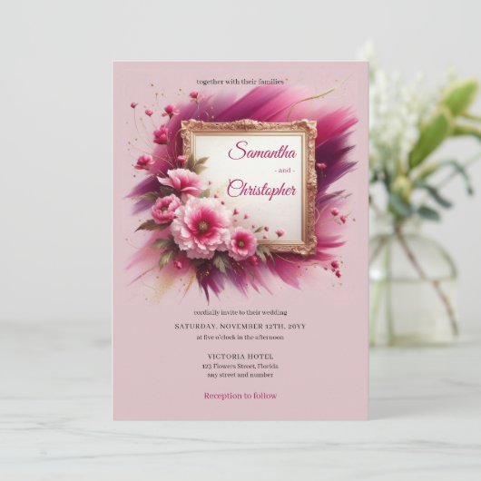 Trendy magenta Blume und Goldrahmen Hochzeit Einladung (Stehend Vorderseite)