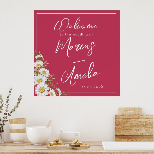 Trendy Magenta & White Daisies Wedding Poster (Küche)