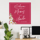 Trendy Magenta & White Daisies Wedding Poster (Heimbüro)
