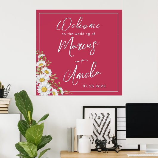 Trendy Magenta & White Daisies Wedding Poster (Heimbüro)