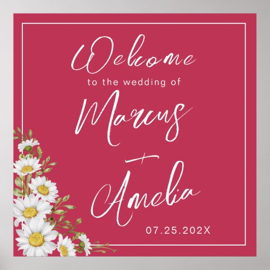 Trendy Magenta & White Daisies Wedding Poster (Vorne)
