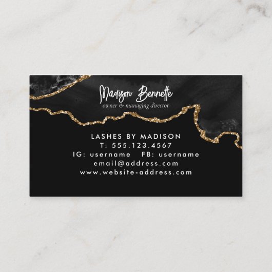 Trendy Marble Agate Black Gold Script Monogram Visitenkarte (Rückseite)