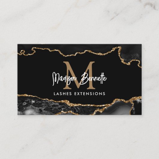 Trendy Marble Agate Black Gold Script Monogram Visitenkarte (Vorderseite)