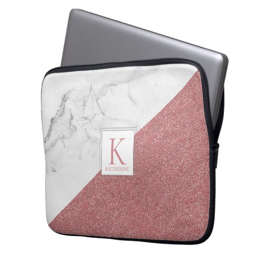 Trendy Marble Blush Pink Glitzer Girly Monogram Laptopschutzhülle (Vorderseite Links)