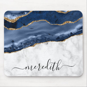 Trendy Marble Navy Blue Gold Agate Monogram Mouse Mousepad