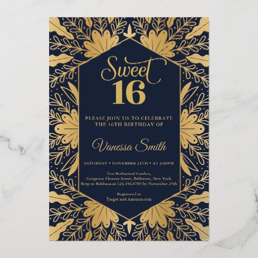 Trendy Marine und reale Goldfolie 16 . Geburtstag  Folieneinladung (Vorderseite)