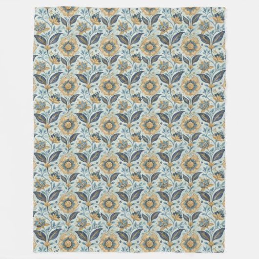 Trendy Mediterranean Navy und Gold Floral Tiles Fleecedecke (Vorderseite)