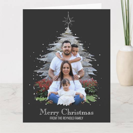 Trendy Merry Christmas Tree Silhouette Foto Gray Karte (Vorderseite)
