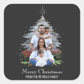 Trendy Merry Christmas Tree Silhouette Foto Gray Quadratischer Aufkleber (Vorderseite)